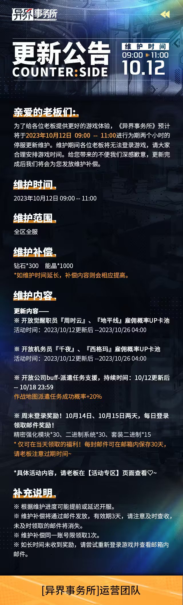 异界事务所异界事务所10月12日更新公告